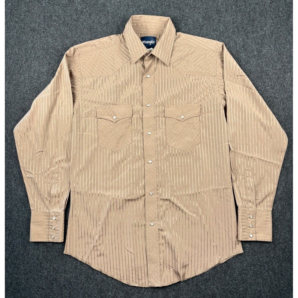 Wrangler Mens Western Snap Shirt Tan Satin Stripe Pearl Snap 75742TN Medium